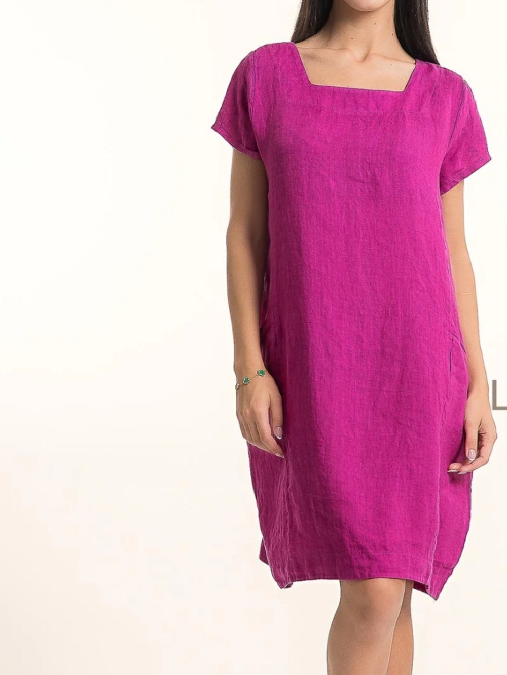 Foil Hot Pink Linen Square Neck Short Sleeve Mini Dress with Pockets US6